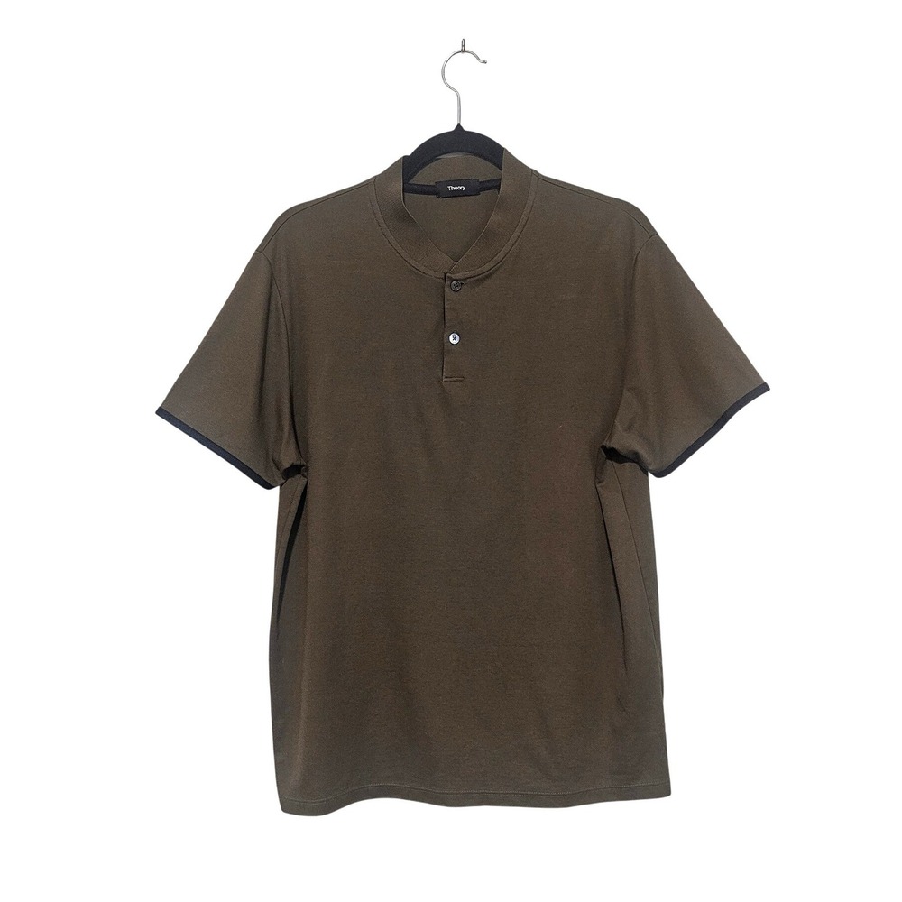 Theory Mens Medium Henley Polo Shirt Olive Green Pima Cotton Modern Minimalist